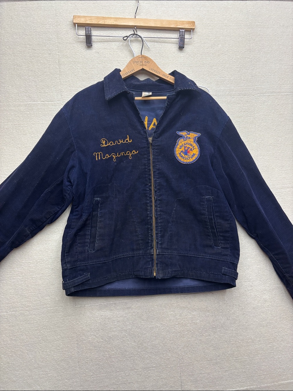 Mens Vintage FFA Navy Corduroy Zip-Front Jacket with Embroidered Crest